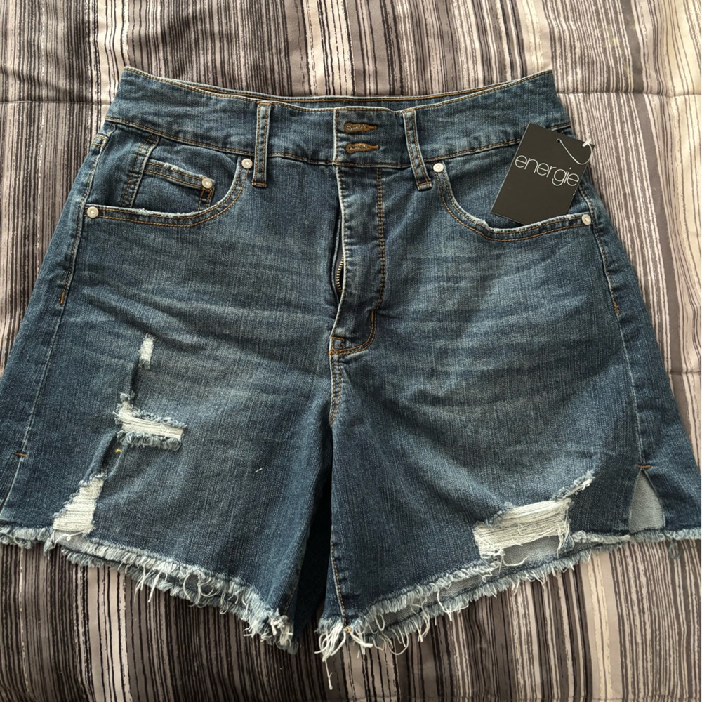 Energie Blue Distressed Jean Shorts